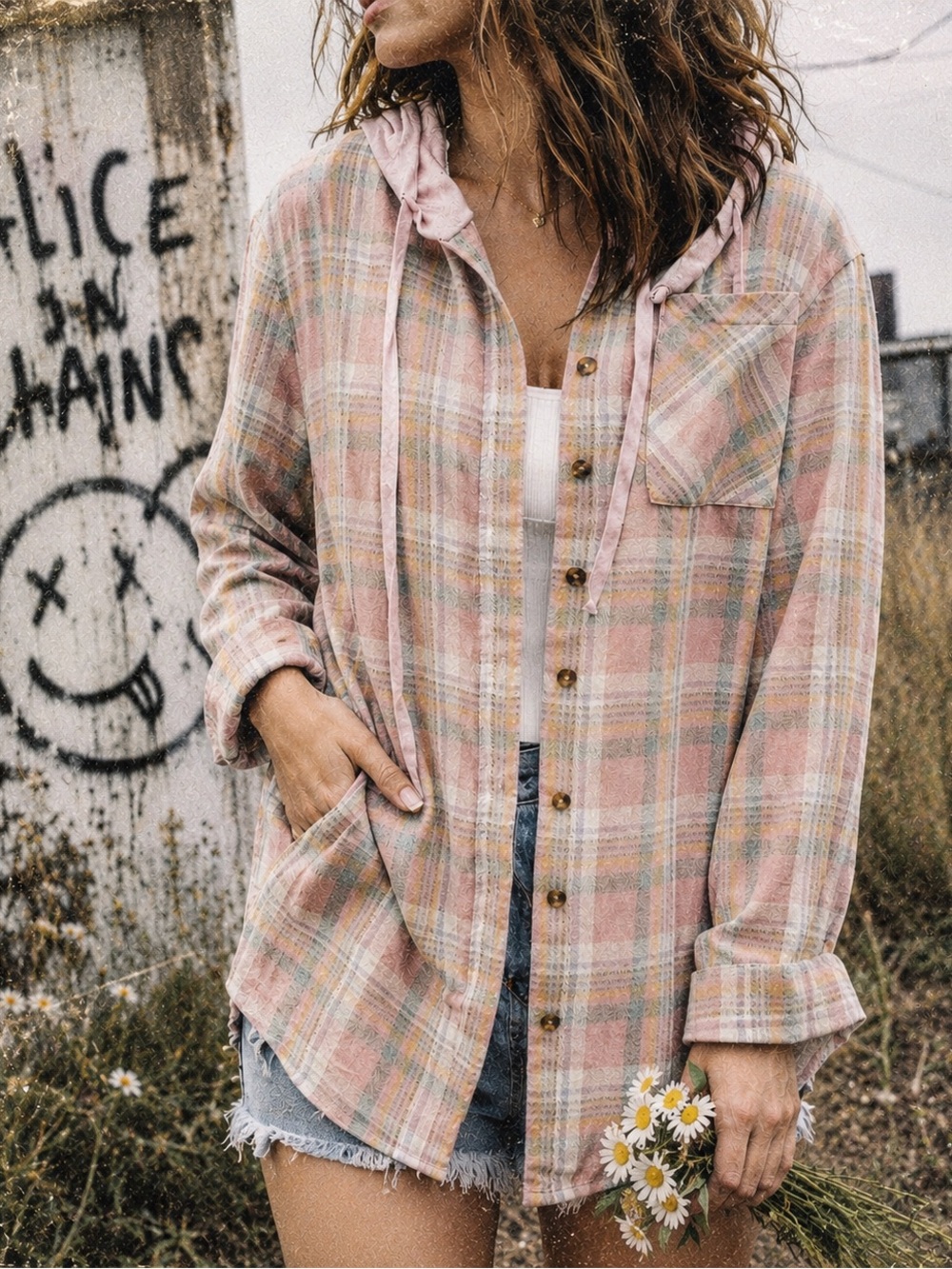 Blush Plaid Hooded Button Down Shirt | Soft Lightweight Spring Casual Top
